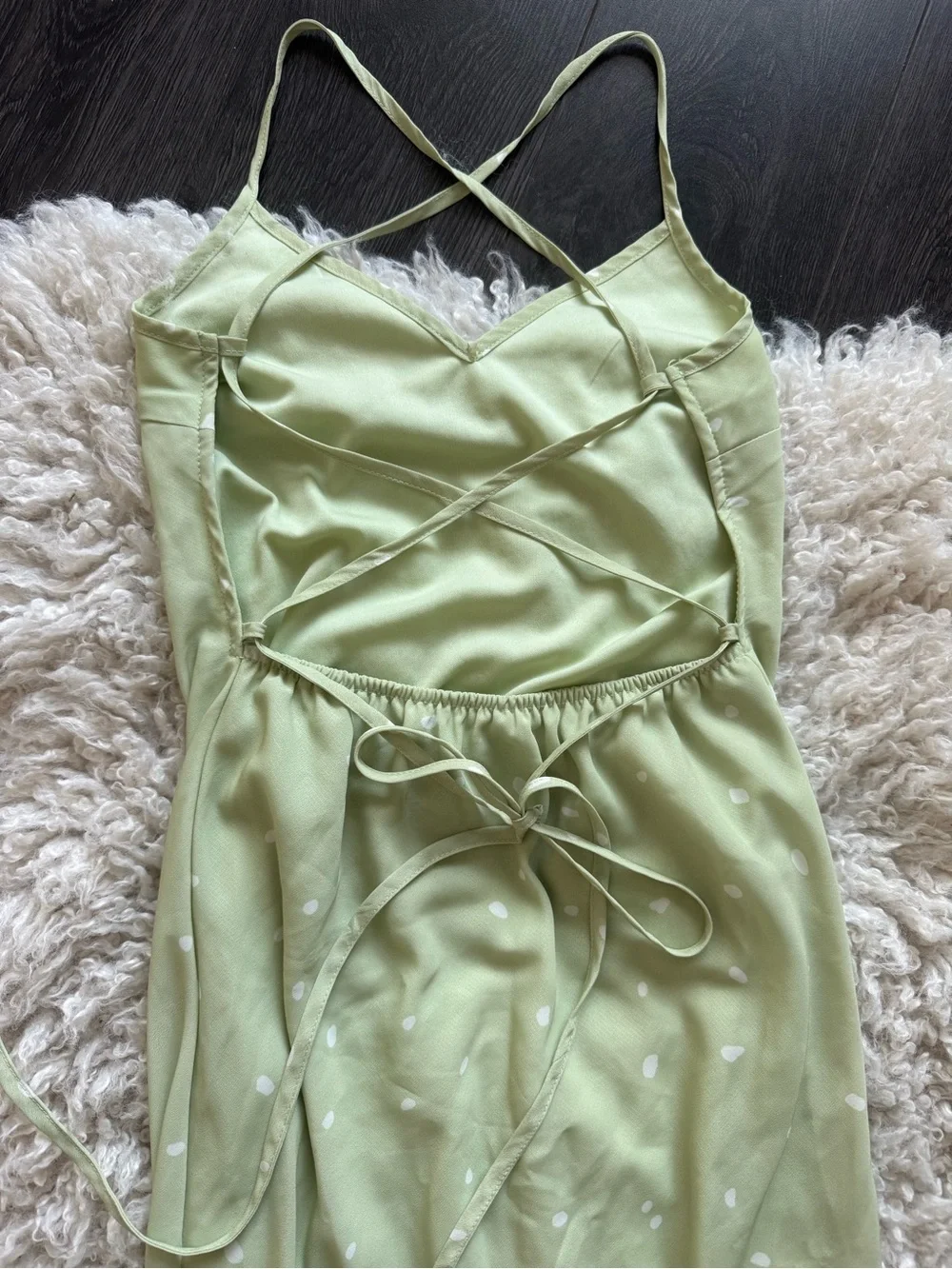 Princess Polly On Cloud Nine Open Back Dress in Sage Green w/ White Polka Dots - Picture 7 of 13